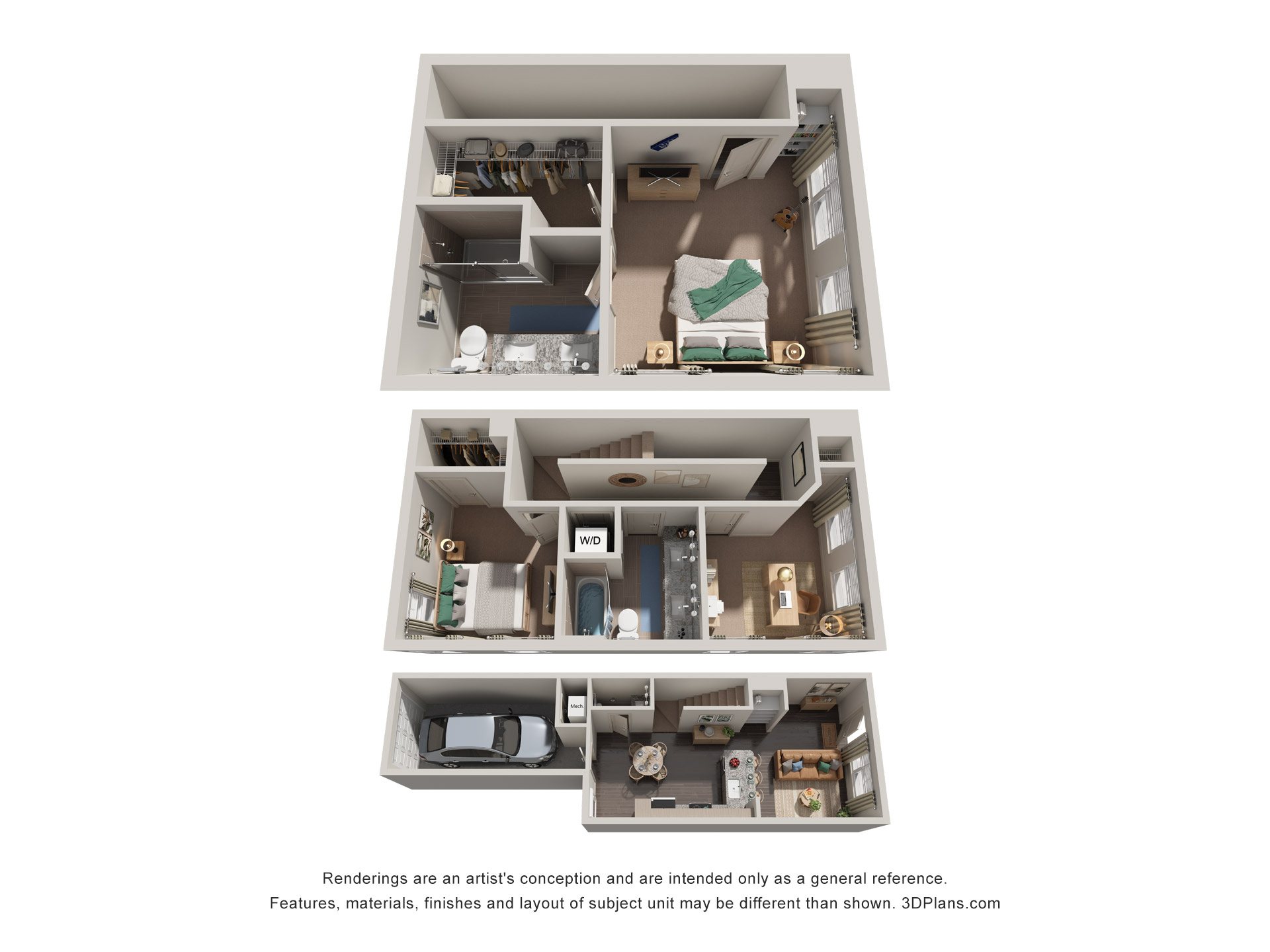 Floor plan for 3 beds, 2.5 baths, 1423 sqft